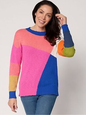 Belle by Kim Gravel Multicolor Geometric Crewneck Sweater — Pink, Blue & Coral